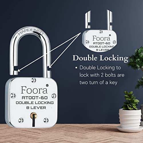 Image of Foora ATOOT-60 Double Locking Padlock, 8 Lever Security, Hardened Shackle, 60mm, 5 Keys, Silver