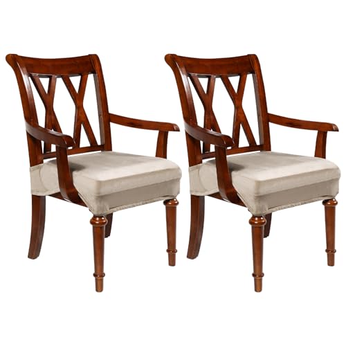 Havawish Large Velvet Dining Room Chair Seat Covers with Armrest Dining Chair Slip Covers Protectors (Taupe,2 Pcs)
