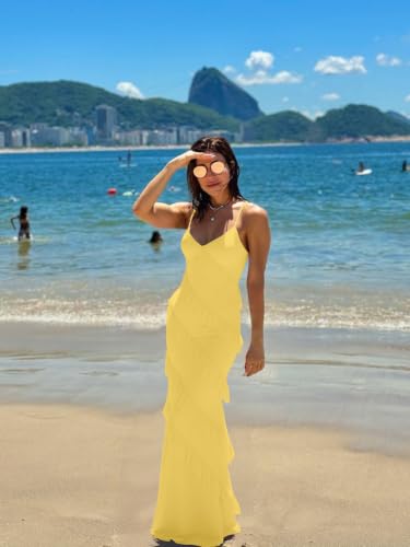 Image of HOCILLE Women's Sexy V Neck Backless Bodycon Spaghetti Strap Elegant Ruffle Maxi Cocktail Party Dresses