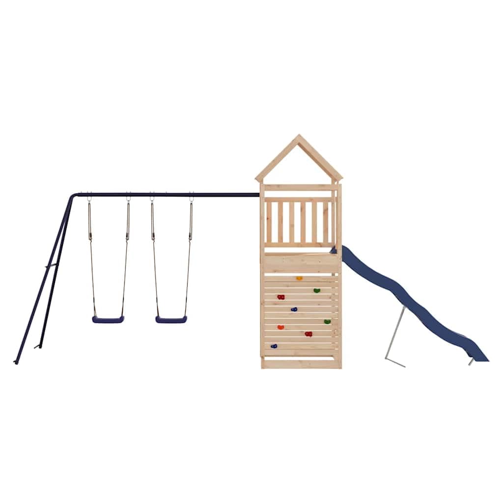 Torre da gioco in legno di pino massiccio con altalena, scivolo ondulato, sabbiera e struttura da arrampicata, casetta da gioco per bambini in giardino, costruzione stabile per avventure e