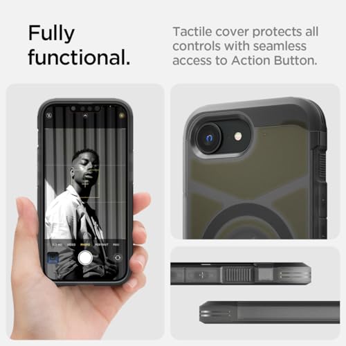 Image of Spigen Tough Armor (Ai) MagFit for iPhone 17e /16e Case, Frost Black | Military-Grade Drop Protection, Tactile Button Cover, Kickstand, Compatible with MagSafe, Screen Protector Compatible