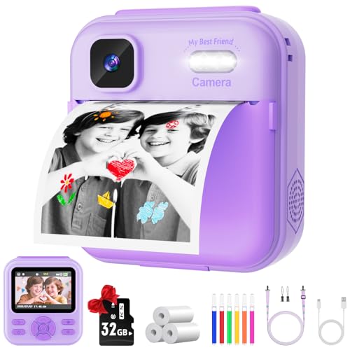 Kids Camera Instant Print for Boys and Girls, 48MP HD Cameras w/1080P Video, Print Paper, 32GB Card, Brush, Christmas Birthday Gifts Toys for Toddler and Teenagers Age 3-16 Years Old (Purple)