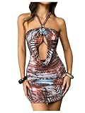 SHENHE Women's Sexy Halter Deep V Plunge Open Back O Ring Chain Ruched Bodycon Mini Dress Brown X-Small