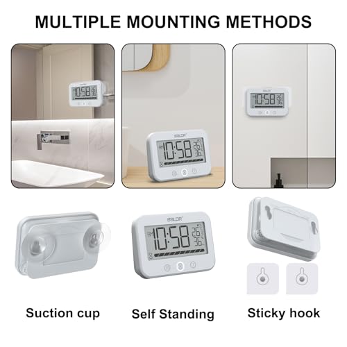 ALEENFOON Digitale Badezimmeruhr, IP54 wasserdichte Duschuhr mit Temperatur und Luftfeuchtigkeit, 99-Minuten-Countdown-Timer mit Alarm, großer LCD-Timer mit 2 Klebehaken und 2 Saugnäpfen