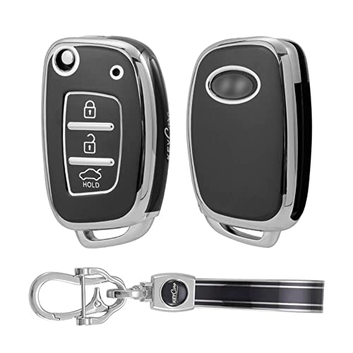 Image of Keycare TPU Key Cover & Keychain fit for: Hyundai i20, Creta, Venue, Tucson, Alcazar, Grand i10, Alcazar, Aura, Xcent flip Key (Silver Black + Silver Black Keychain)