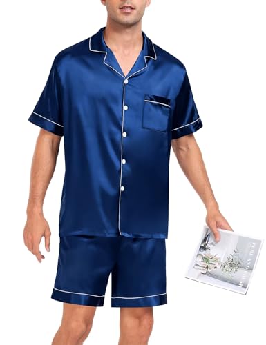 Image of SWOMOG Men Silk Pajama Set Short Sleeve Satin PJs Sets 2 Piece Button Down Sleepwear Soft Summer Loungewear with Pockets