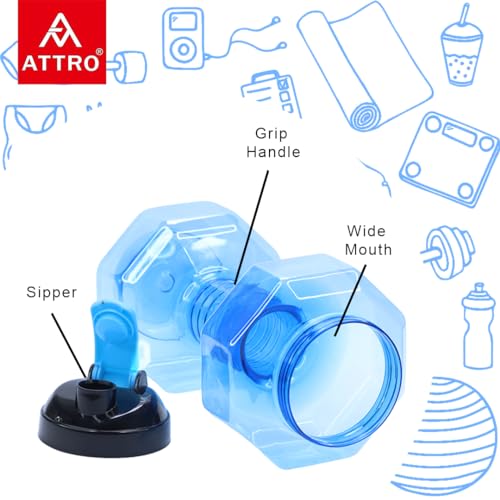 Image of Attro Dumbbell Water Bottle 2 Liter Plastic Bottle with Grip Handle Stylish Bottle for Gym Lover BPA Free, Food Grade, Leakproof- Blue
