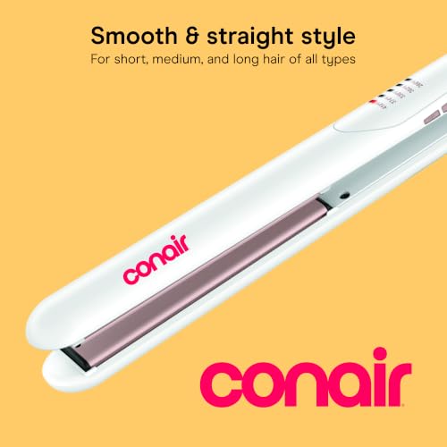Conair Double Ceramic Flat Iron, 1-Inch Flat Iron Hair Straightener, Five Heat Settings, Extra Long Floating Plates, White