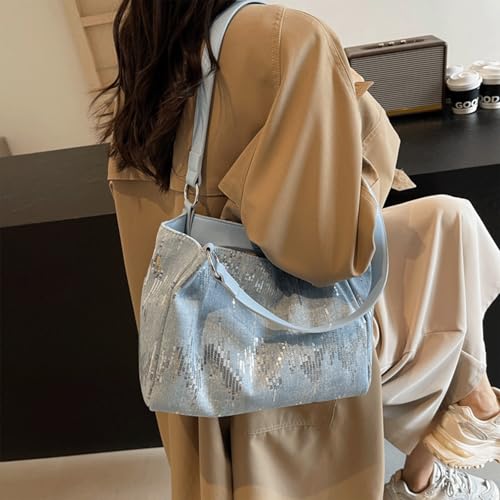 Sequin Purse Sparkly Denim Sequin Purse Tote Bags Shoulder Bag with Zipper Trendy Ideal Gifts for Women Girls4