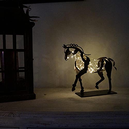7.9in Wrought Iron Hollow Horse Sculpture, 3D Luminous Immediately Metal Sculpture, Horse-Riding Sculpture Home Decoration