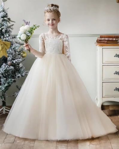 Girls Applique Long Sleeve Flower Girl Puffy Tulle Dress Holy Bow Knot Crew Neck First Communion Dress CT262