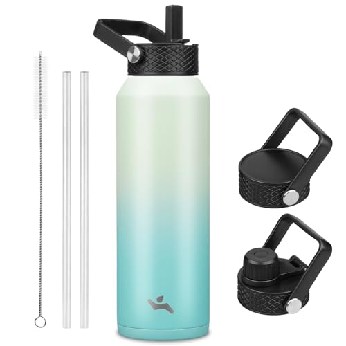 Image of Konokyo 40oz Insulated Stainless Steel Water Bottle with 3 Lids, Leakproof BPA-Free Bottle with Straw Lid, Sip Lid and Flex Cap for Gym, Travel, School, Office, Mint