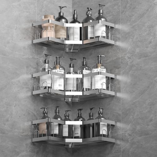 Estanteria Ducha, 3 Pack Plateado Estanteria Baño con Adhesivo, Acero Inoxidable 201 Estante sin Taladro, Organizador Ducha sin Taladro, Estante Baño de Acero al Carbono Sólido