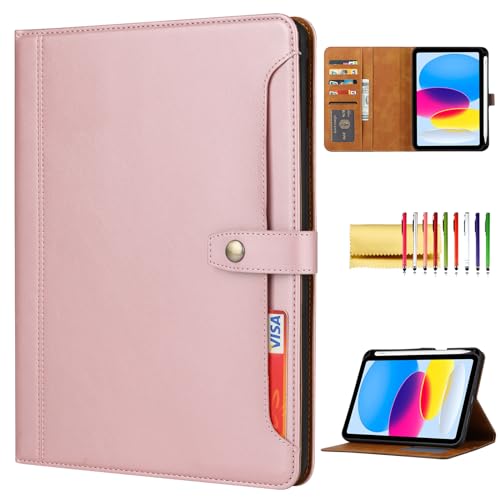 Folio Case for iPad (A16) 11" 2025 / iPad 10th Generation 2022, Vegan Leather Folding Stand [Pencil Holder] Soft TPU Back Shell Protective Smart Cover with Card Slots & Pockets, Rose Gold