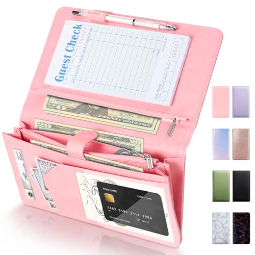 Server Book High Volume, Expandable Server Book,5"×9", Waitress Waiter Book, Sturdy Leather Waitress Book with 2 Zipper Pockets and Magnetic Pocket, Server Books Fit Server Apron (Pink) by Forvencer - Used condition - US$11.55
