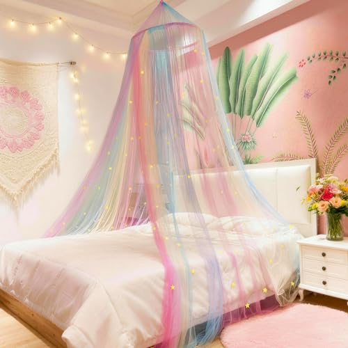 Image of Rainbow Bed Canopy Mosquito Net, Princess Bed Canopy for Girls Room Decor or Unicorn Theme Party(Rainbow,with Stars Glow in the Dark)