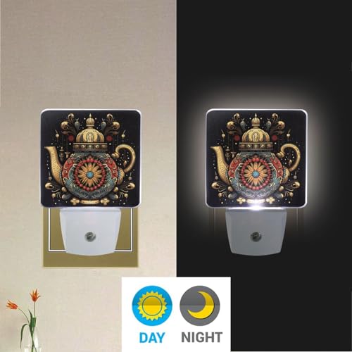 Image of Tea Pot Night Lights 2 Pack Plug-in Wall Led Nightlight Auto Dusk-to-Dawn Sensor Lamps for Bedroom Kitchen Bathroom