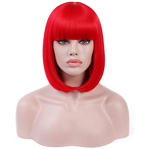 Duacorn Short Bob Hair Wigs 14" Straight with Flat Bangs Synthetic Colorful Cosplay Daily Party Halloween Wig for Women Heat Resistant Natural As Real Hair (Red)