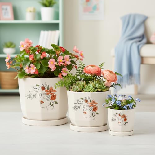 Image of Xtore Artistic Floral Face Ceramic Planter Set with Drainage Saucers | Decorative Planter Pot for Living Room, Balcony & Contemporary Plant Styling (Set of 3, Ivory Beige - Planters only)