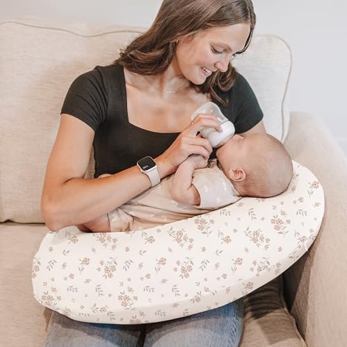 Image of Konssy 2 Pack Nursing Pillow Covers, Stretchy and Soft Nursing Cover for Breastfeeding, Pillow Slipcover for Baby Girls Boys Newborn (Beige, Blossom)