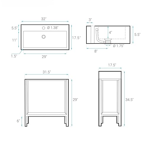 Image of Pierre 32 inch Open Shelf Gold Frame Freestanding Bathroom Vanity with Sink Top