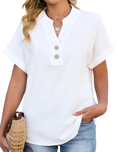 heekpek Camisetas Manga Corta Mujer Algodon Lino Blusas de Mujer Elegantes Verano Cuello en V Tops Holgado T Shirt Camisa con Botones, Blanco, M