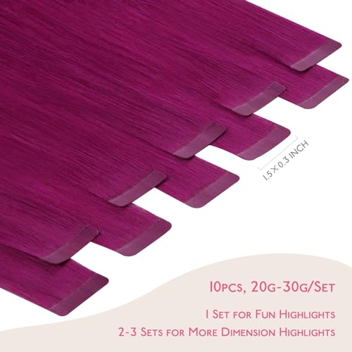 Image of WENNALIFE Tape in Hair Extensions Human Hair Violet Tape in Extensions, 10pcs 30g 26 inch Remy Invisible Tape Ins Straight Colored Soft Real Human Hair Tape in Extensions Refill Set Extensions