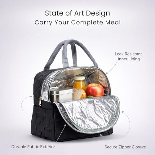 Image of The Earth Store Black Check Insulated Lunch Bag for Office, Men, Women | Travel Tiffin Bag with Handle, Waterproof & Leakproof | Reusable Thermal Lunch Box Bags