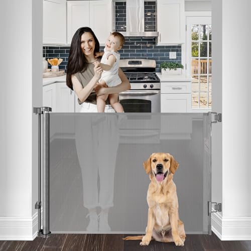 Image of 55 Inch Retractable Baby Gates for Stairs Child Gates for Doorways, Pet Gates for Dogs Indoor Wide Baby Gate Retractable Dog Gate Outdoor Gates for Decks Mesh Gate, Pet Gates for Doorways/Stairs, Gray
