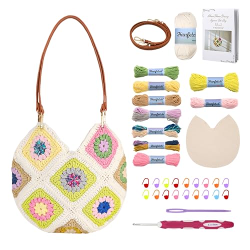 Image of Hanfetch Crochet Kit for Advanced or Intermediate Beginner, Step by Step Video Tutorial and Detailed Guide Instruction DIY Craft Supplies for Adult and Kid with Complete Kit for Granny Square Tote Bag