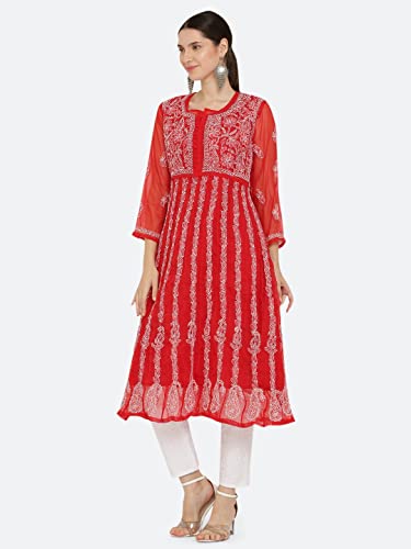 Image of FAWOMENT Women's Georgette Yok Anarkali Kurta with Intricate Lucknowi Chikankari Fine Hand Crafted Embroidery