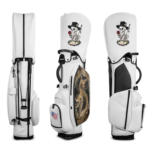 Embroidery Golf Stand Bag 5-Way Dividers, Lightweight Golf Bag with Stand for Men Women, Waterproof PU Leather Golf Bag with Cooler & 7 Pockets, Adjustable Dual Straps (Dragon Skull)