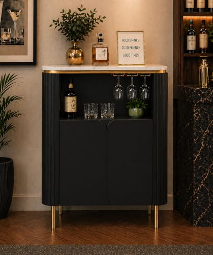 Image of The Attic Carlston Bar Cabinet, Hard and Soft Drinks Bar Storage Cabinet, Wine Wisky Scotch, Round Bar for Home, Black & Gold Finish