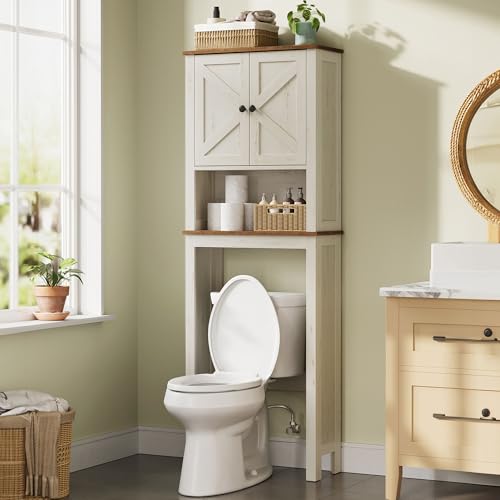 VASAGLE LIRY Collection - Over-The-Toilet Storage Cabinet 23.6-Inch Wide Farmhouse Bathroom Organizer with Barn Doors Adjustable Shelf Space-Saving Rustic White UBTS026W01