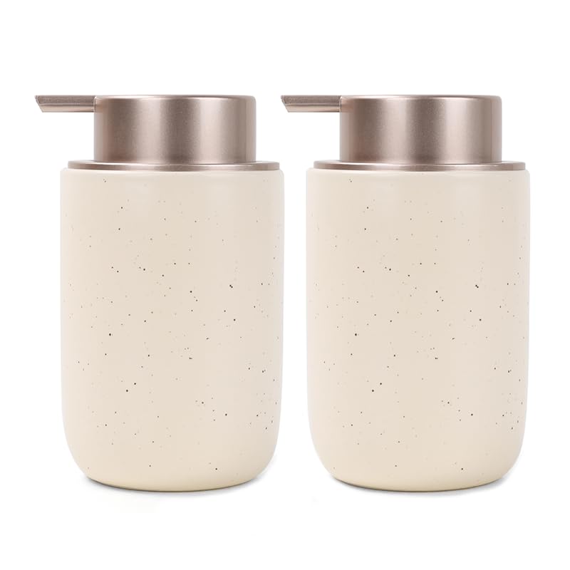 Image of BosilunLife Apricot Soap Dispenser Set - 2 Pack 12oz Ceramic Dish Soap Dispenser with Rust Proof Pump for Kitchen, Hand Soap and Lotion Set Suitable for Farmhouse Bathroom Decor with Waterproof Labels