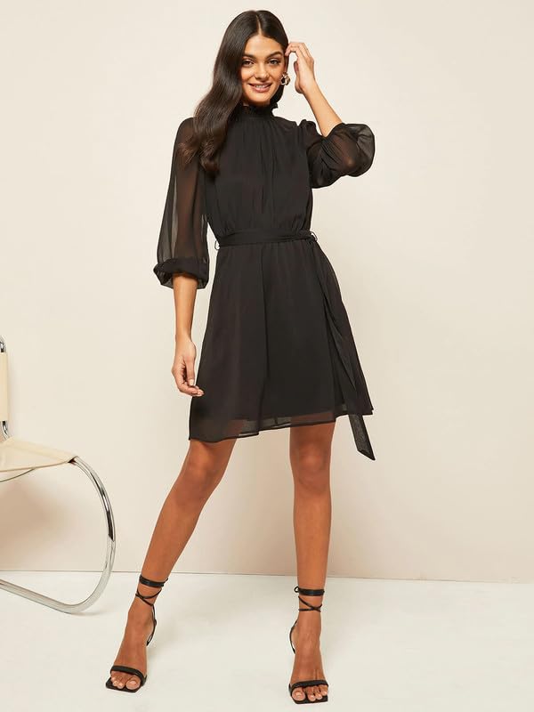Image of SIRIL Women's A-Line Western Chiffon Mini Dresses | One Piece Mini Dress | Western Mini Dress With Belt