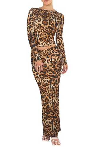 Two Piece Skirt Set for Women 2 PC Y2K Outfits Long Sleeve Tshirts Tops Bodycon High Waist Maxi Skirts2