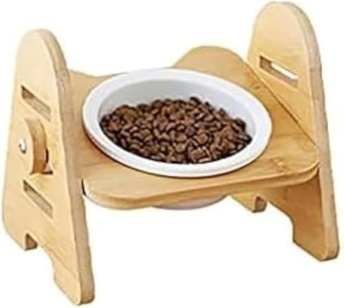 Xiraivkeペットボウルテーブル 竹製 猫用/小型犬用 セラミック食物碗付き 高さ調節可能 滑り止め設計 双零食皿 給水・給食兼用 猫用給餌器/食器セット?
