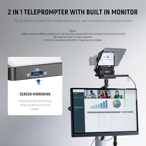 Image of NEEWER 2 in 1 Teleprompter 11 Inch with Monitor for Windows MacOS, Supports Screen Mirroring, Portable Prompter for Camera Mobile Phone Webcam for YouTube Twitch Live Streaming Conference, X11