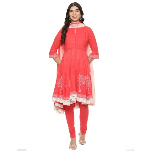Image of BIBA Women Cotton Asymmetric Solid Kurta Churidar Suit Set
