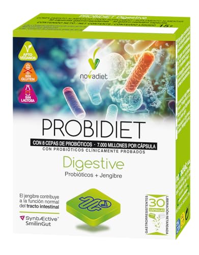 Novadiet - PROBIDIET DIGESTIVE con Probióticos y Jengibre - Complemento Alimenticio para el Equilibrio Digestivo y la Microbiota Intestinal - 30 Cápsulas