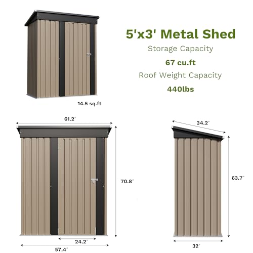 Patiowell 5x3 FT Metal Shed, Garden Tool Outdoor Storage Shed with Sloping Roof and Lockable Door, Outdoor Shed for Backyard Garden Patio Lawn