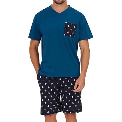 Keyocean Mens Pajama Set, Soft Cotton V-Neck Short-Sleeve T-Shirt & Shorts Summer PJ Set for Sleeping, Tahitian Tide, Medium Cover
