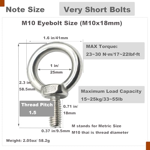 Image of Stainless M10 Eyebolt 0.71 inch(18mm) Short Bolt Eye Threaded Ring Lifting Shoulder Screw Hook with Nut Washer Locking as Anchor Point for Hanging,6 PCS