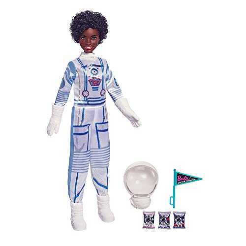 Promo, Toy Barbie Space Discovery Muñeca astronauta, morena, en traje espacial con casco, guantes, bandera y 3 mini paquetes de comida astronauta (no comestible) para...