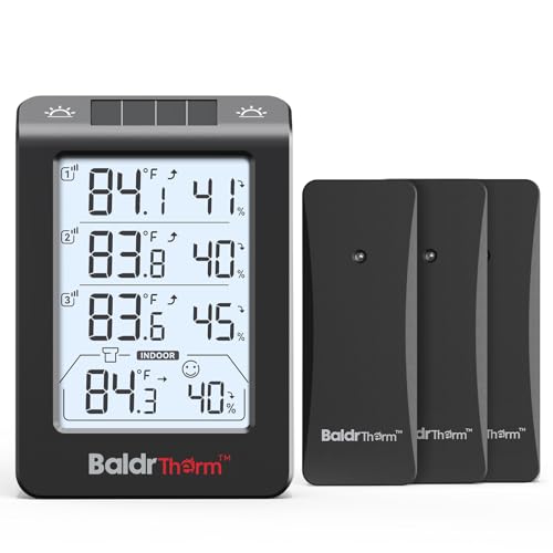 BaldrTherm Solar Photosensitive Three Channel Thermo-Hygrometer, Wireless Temperature & Humidity Monitor with 330ft Range, 4.8' Digital Display, Smart Backlight, Real-Time Alerts, Black