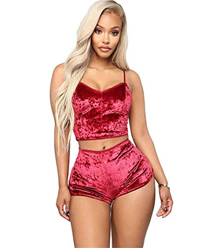 A AURA Women Sexy Strappy Babydoll Lingerie Satin Pajama Set Camisole with Shorts 2 Piece Sleepwear Rose Red