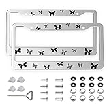 2 Pcs Silver Butterfly License Plate Frames, 2 Holes Aluminum Alloy Butterfly Print License Plate Holder Tag Frame for US Canada Standard with Screw Caps