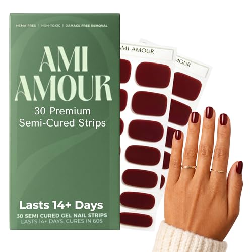 Semi Cured Gel Nail Strips Stickers Wraps | UV Nail Polish That Pops In Color (Red Cherry) For Women & Short Nails & Long Nails (Ami Amour)