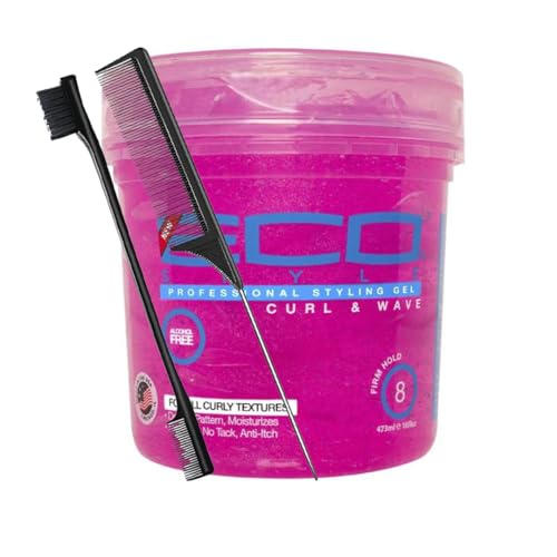 Eco Style - Gel para rizos y ondas (rosa) de 16 onzas con peine de cola y cepillo de bordes, sujeción firme y brillo, mejora los rizos y las ondas, gel de peinado sin alcohol, hidratante y sin